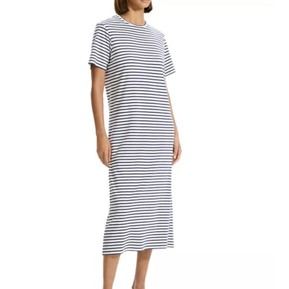 Theory Clinton White Black Striped Midi Easy Tee Knit Dress Size Medium Loose - Picture 1 of 8